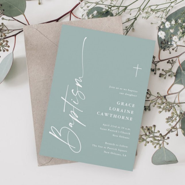 Modern Script Sage Green Gender Neutral Baptism Invitation (Modern Elegant Script Sage Green Gender Neutral Baptism Invitations.)