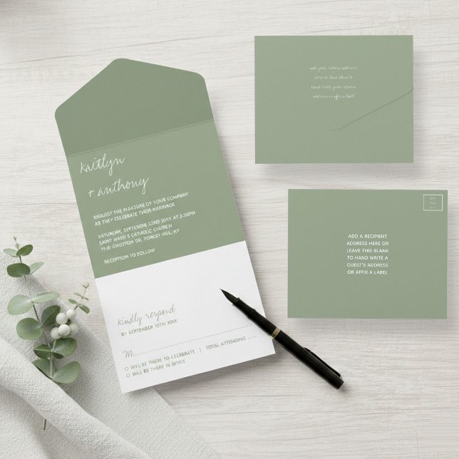 Modern Script Sage Green Minimalistic Wedding All In One Invitation (Creator Uploaded)