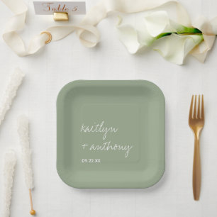 Modern Script Sage Green Minimalistic Wedding Paper Plate