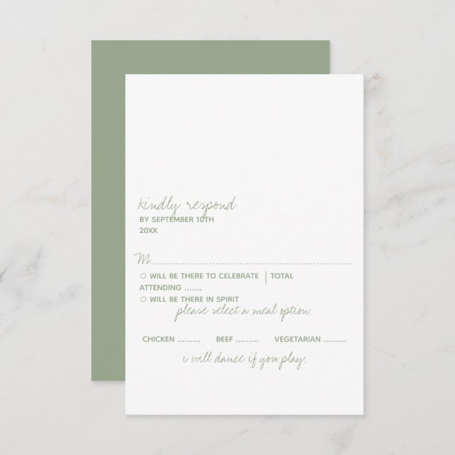 Modern Script Sage Green Minimalistic Wedding RSVP Card (Front/Back)
