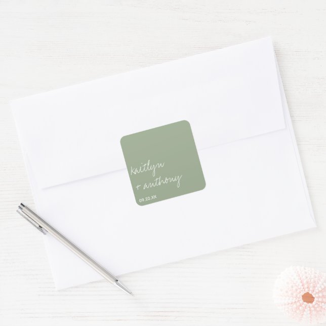Modern Script Sage Green Minimalistic Wedding Square Sticker (Envelope)