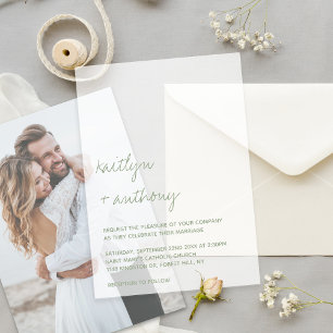 Modern Script Sage Green Minimalistic Wedding Vellum Invitations