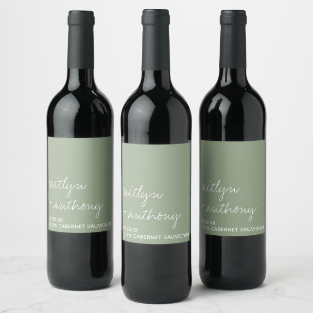 Modern Script Sage Green Minimalistic Wedding Wine Label (Bottles)