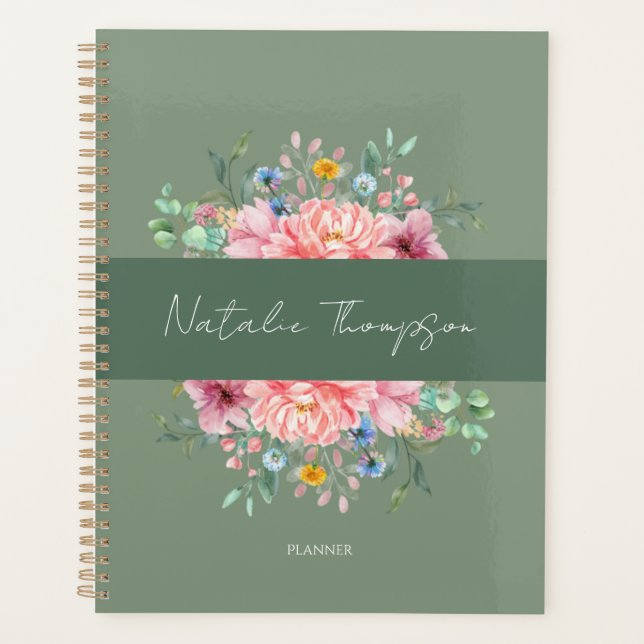 Modern script sage green trendy flowers monogram planner (Front)
