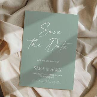 Modern script sage green typography wedding save  the date