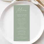 Modern Script Sage Green Wedding Menu<br><div class="desc">Elevate your wedding reception with our beautifully crafted wedding menu, featuring a sleek handwritten white script on a sage green background. Perfect for couples seeking a simple yet sophisticated look, this modern design lets you personalise with your names, wedding date, and menu offerings. Its minimalist style effortlessly complements any wedding...</div>
