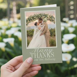 Modern Script Sage Green Wedding Photo Thank You Card