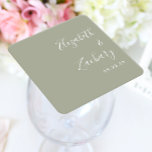 Modern Script Sage Green Wedding Square Paper Coaster<br><div class="desc">These simple,  modern wedding coaster favours feature white text aligned to the right margin on a sage green background. Add the couple's names in stylish handwriting calligraphy.</div>