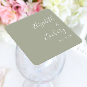 Modern Script Sage Green Wedding Square Paper Coaster