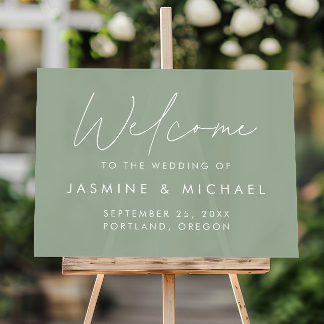 Modern Script Sage Green Wedding Welcome Acrylic Sign (Creator Uploaded)