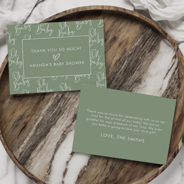 Modern Script Sage Oh Baby Simple Baby Shower Flat Thank You Card (Creator Uploaded)
