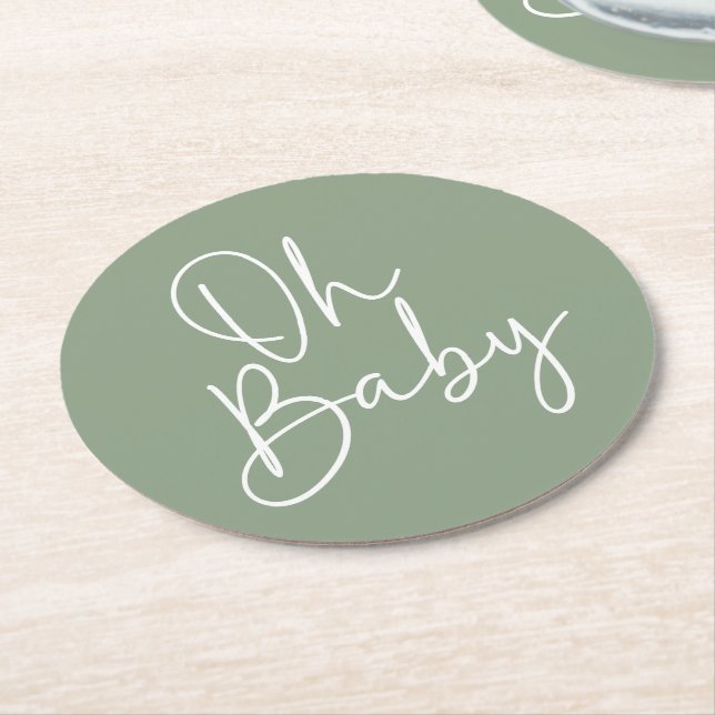 Modern Script Sage Oh Baby Simple Baby Shower Round Paper Coaster (Angled)