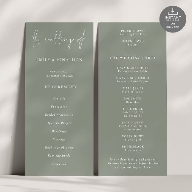 Modern Script Sage Wedding Program Invitation (Front and back view)