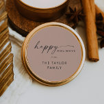 Modern Script | Salmon Happy Holidays Holiday Gift Classic Round Sticker<br><div class="desc">These modern script salmon happy holidays holiday gift stickers are perfect for a minimalist holiday present or holiday card. The simple orange pink design features unique industrial lettering typography with modern boho style. Customisable in any colour. Personalise the stickers with your name.</div>