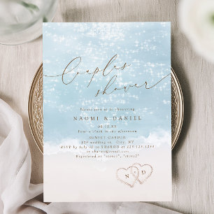 Modern Script Sand Hearts Beach Couples Shower  Invitation