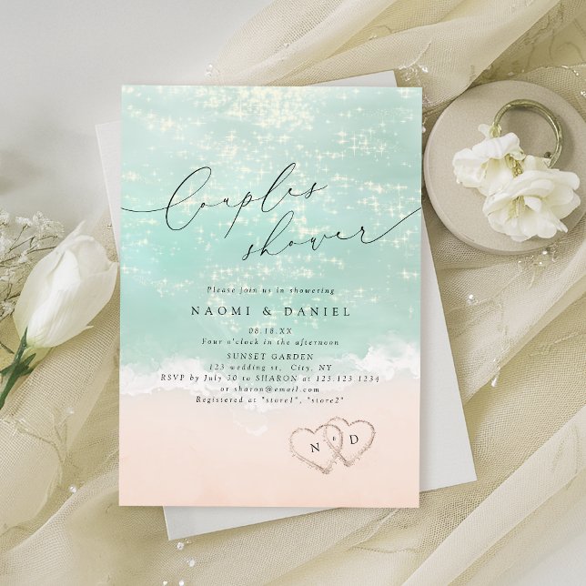 Modern Script Sand Hearts Beach Couples Shower  Invitation (Modern Script Sand Hearts Beach Couples Shower Invitation)