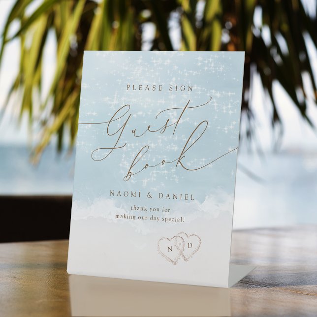 Modern Script Sand Hearts Beach Guest Book Sign (Modern Script Sand Hearts Beach Guest Book Sign)