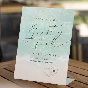Modern Script Sand Hearts Beach Guest Book Sign
