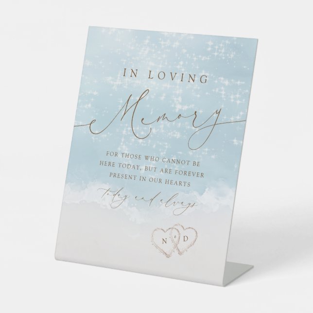 Modern Script Sand Hearts Beach in loving memory Pedestal Sign (Front)