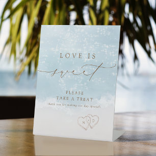 Modern Script Sand Hearts Beach Love Is Sweet Pedestal Sign
