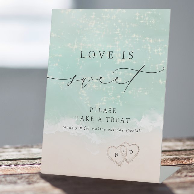 Modern Script Sand Hearts Beach Love Is Sweet Pedestal Sign (Modern Script Sand Hearts Beach Love Is Sweet Pedestal Sign)