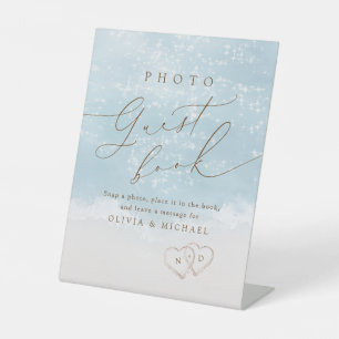 Modern Script Sand Hearts Beach Photo Guest Book Pedestal Sign