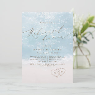 Modern Script Sand Hearts Beach Rehearsal Dinner Invitation