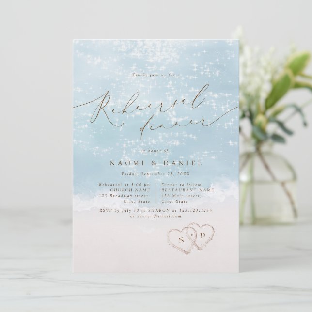 Modern Script Sand Hearts Beach Rehearsal Dinner Invitation (Standing Front)