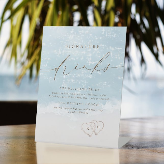 Modern Script Sand Hearts Beach Signature Drinks Pedestal Sign (Modern Script Sand Hearts Beach Signature Drinks Pedestal Sign)