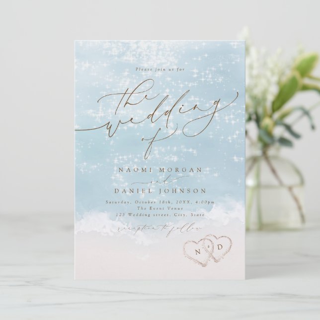 Modern Script Sand Hearts Beach Wedding All In One Invitation (Standing Front)