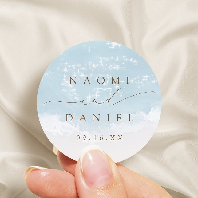 Modern Script Sand Hearts Beach Wedding Favours Classic Round Sticker (Modern Script Sand Hearts Beach Wedding Favors Classic Round Sticker)