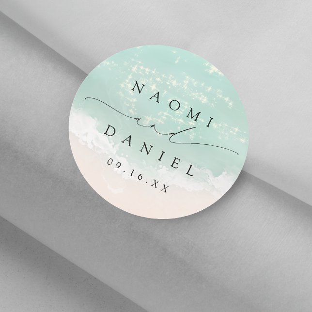 Modern Script Sand Hearts Beach Wedding Favours Classic Round Sticker (Modern Script Sand Hearts Beach Wedding Favors Classic Round Sticker)