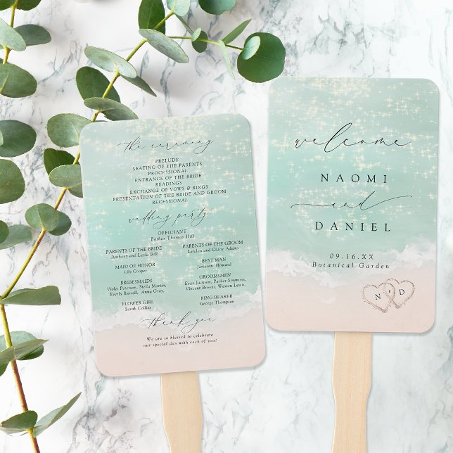 Modern Script Sand Hearts Beach Wedding Program Hand Fan (Modern Script Sand Hearts Beach Wedding Program Hand Fan)