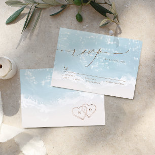 Modern Script Sand Hearts Beach Wedding RSVP Card