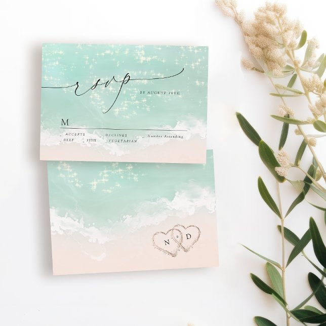 Modern Script Sand Hearts Beach Wedding RSVP Card (Modern Script Sand Hearts Beach Wedding RSVP)