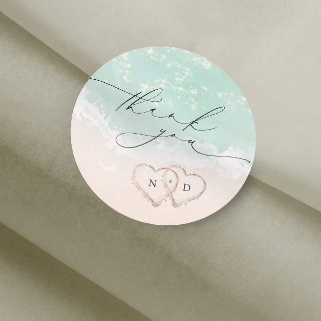 Modern Script Sand Hearts Beach Wedding Thank You Classic Round Sticker (Modern Script Sand Hearts Beach Wedding Thank You Classic Round Sticker)