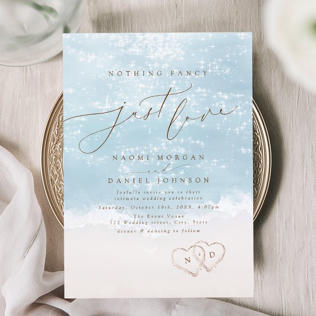 Modern Script Sand Hearts Nothing Fancy Just Love Invitation (Modern Script Sand Hearts Nothing Fancy Just Love Invitation)