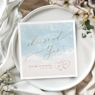 Modern Script Sand Hearts She Said Yes Engagement Napkin