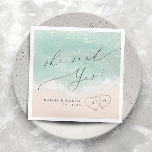 Modern Script Sand Hearts She Said Yes Engagement Napkin