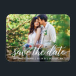Modern Script Save The Date Couple Photo W Magnet<br><div class="desc">Modern Script Save The Date Engagement Couple Photo Magnet - White Script</div>