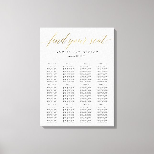 Modern Script Seating Chart Canvas Faux Gold Print (Front)