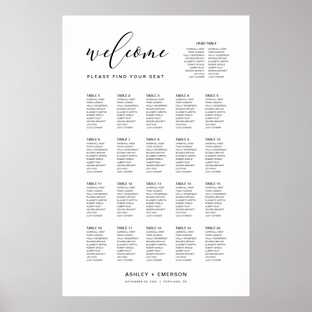 Modern Script Seating Chart With Head Table (Front)