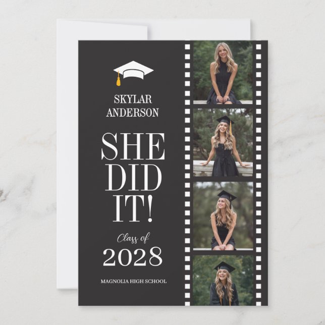 Modern Script Senior Photo Graduation Black Reel Invitation (Front)