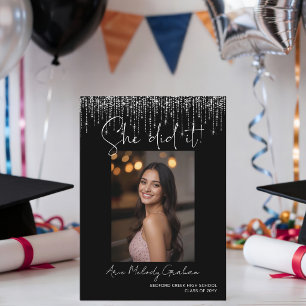 Modern Script She did it! Sparkly Photo Graduation Invitation