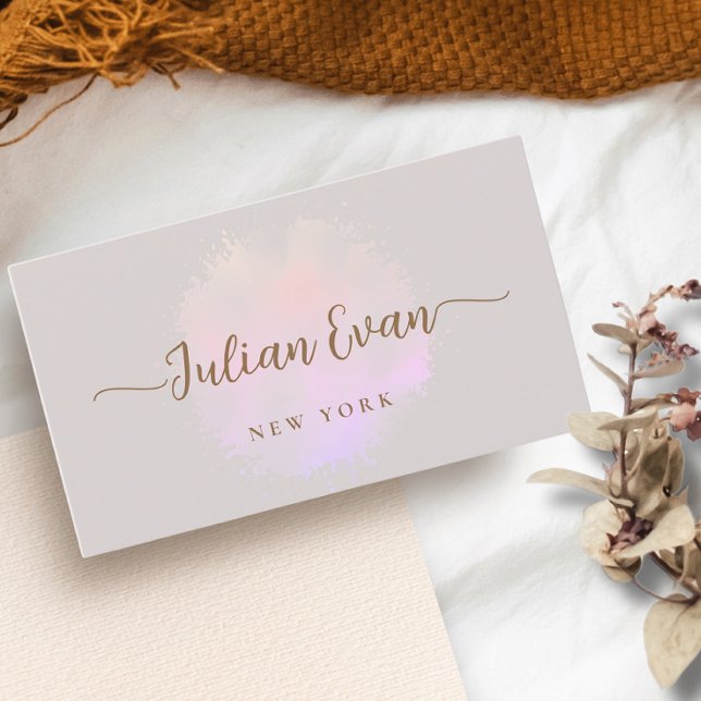 Modern Script Shiny Holographic Watercolor Beige Business Card (Creator Uploaded)