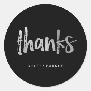 Modern Script Silver and Black Thank You Classic Round Sticker