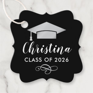 Modern Script Silver Cap Black Class of 2026 Favour Tags