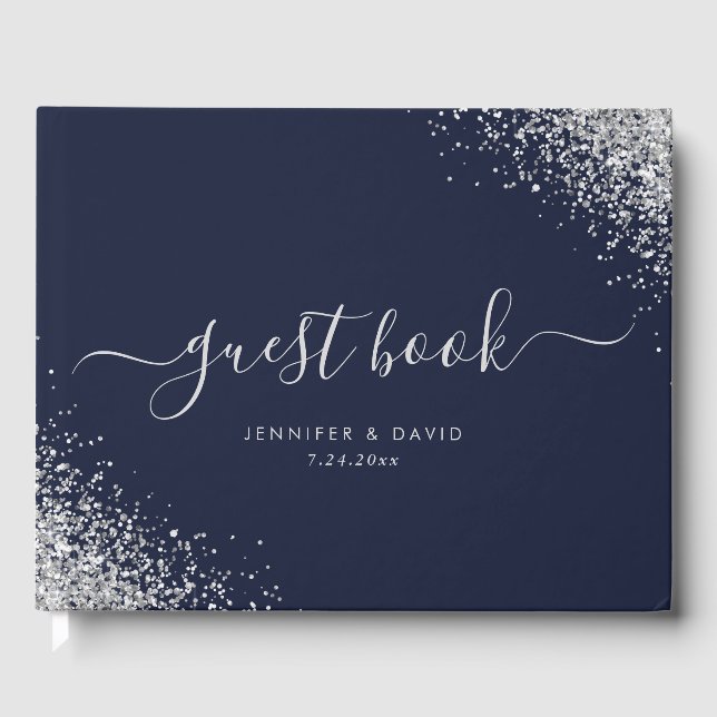 Modern Script Silver Glitter Navy Blue Wedding Guest Book (Front)