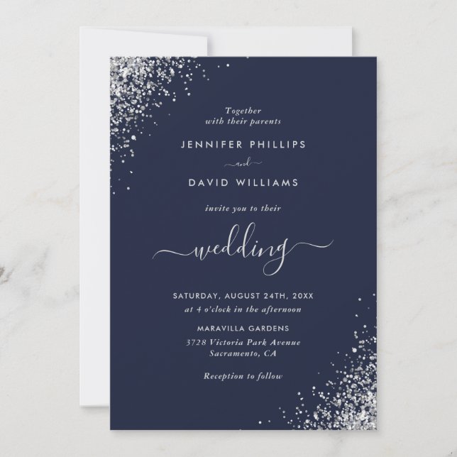 Modern Script Silver Glitter Navy Blue Wedding Invitation (Front)