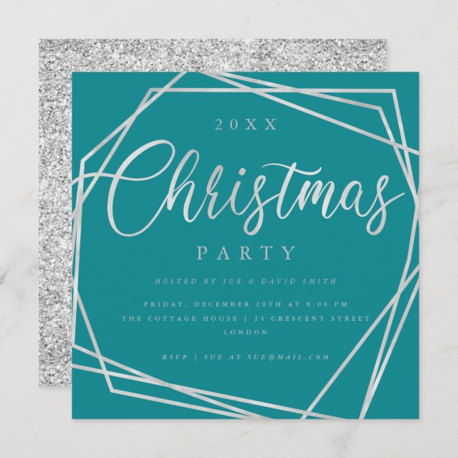 MODERN Script Silver Teal Glitter Christmas Party Invitation (Front/Back)